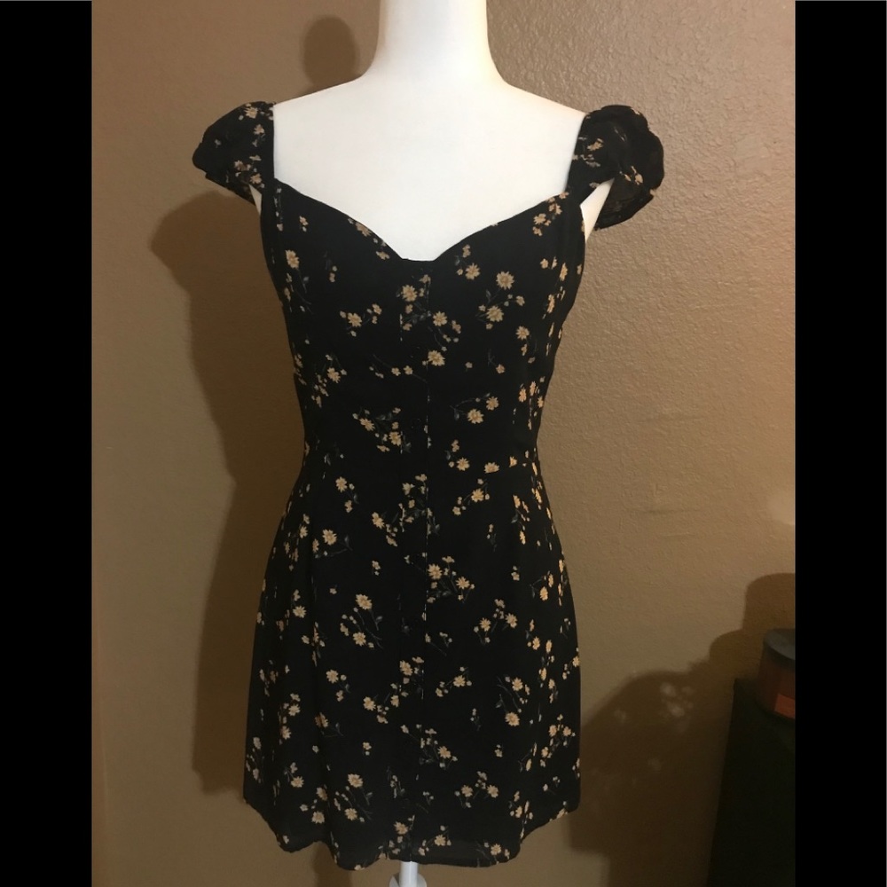 Reformation black mini dress yellow flowers size 8